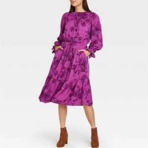 A New Day Midi Dress Purple Floral Long‎ Sleeve Ruffle Boho Summer Casual M15